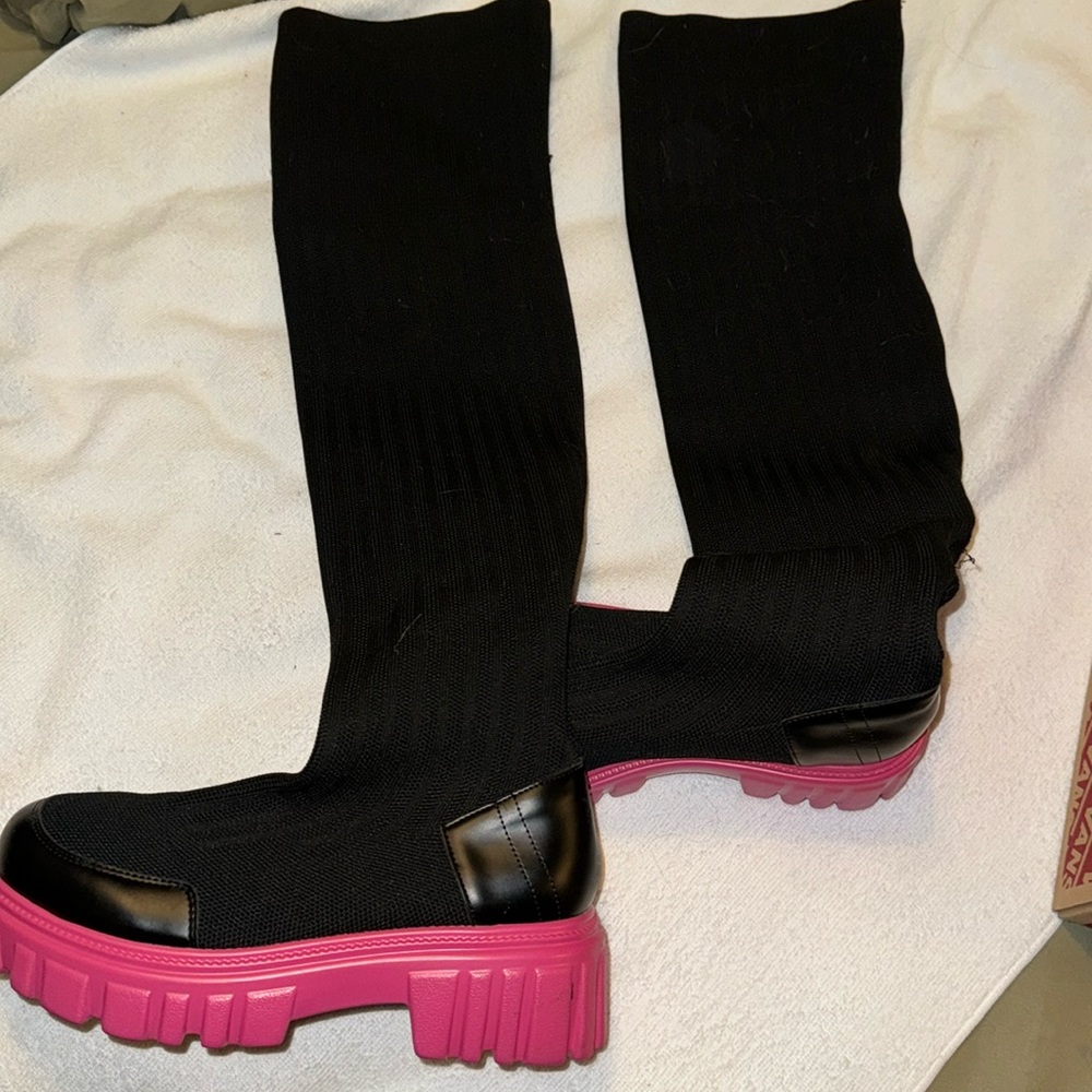 Black and pink thigh high boots 
Women 8 
From SHEIN
Only worn once